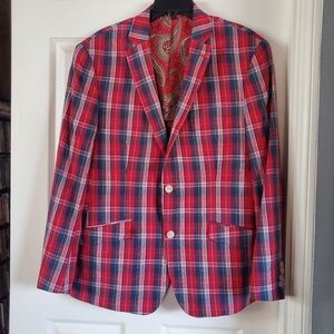 Tallia Red Madras Plaid Blazer Sport Coat Notch Lapel Two Front Buttons Pockets